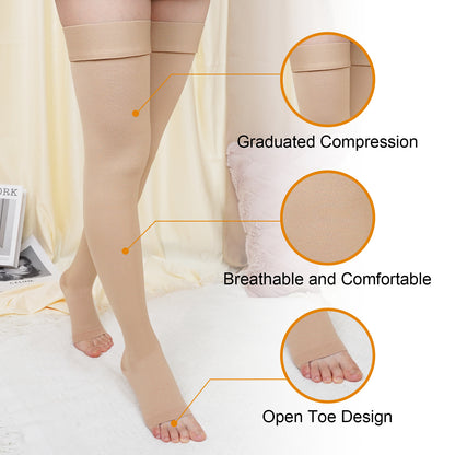 20-30 mmHg Compression Stockings for Women and Men, CaiDieNu Thigh High Compression Stockings, Open Toe Compression Socks for Running Nursing Sports Veins (1 Pair)