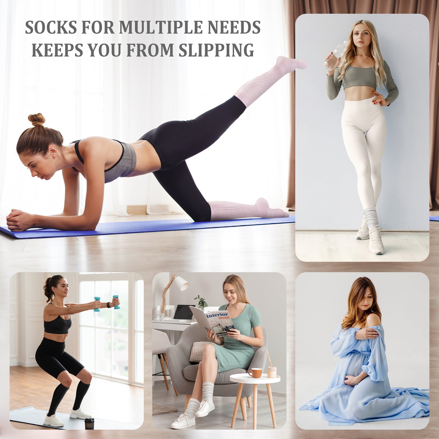Slouch Socks with Grip, CaiDieNu 3 Pairs Pilate Socks, Non Slip Socks - Cotton Scrunch Grip Socks Pilates for Yoga Barre Workout & Fitness