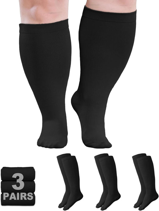 AMITOFO Plus Size Compression Socks: Wide Calf Compression Stockings for Men Women - Extra Large 20-30 mmHg Compression Hose Support for Running Travel Nurses Pregnancy 3 Pairs