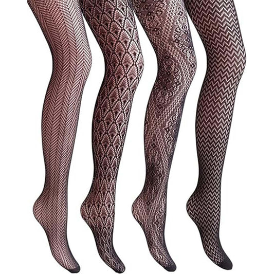 Legand Fishnet Stockings Thigh Highs Tights Patterned Fishnet Pantyhose for Women, 4-Pack, Black