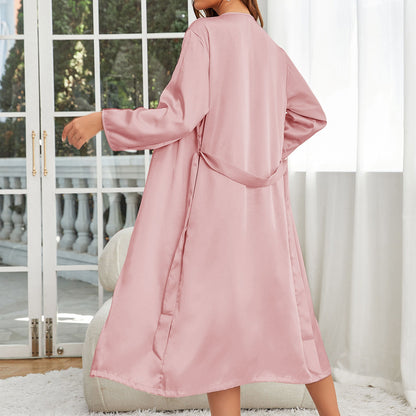 Legand Women's Silk Robe Set 2-Piece - Satin Camisole Nightgown and Long Sleeve Robe - Pink - L