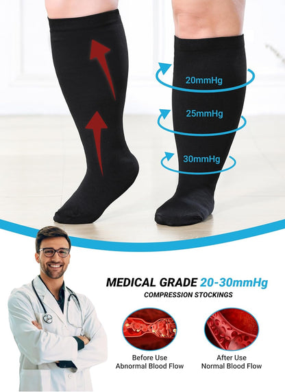AMITOFO Plus Size Compression Socks: Wide Calf Compression Stockings for Men Women - Extra Large 20-30 mmHg Compression Hose Support for Running Travel Nurses Pregnancy 3 Pairs