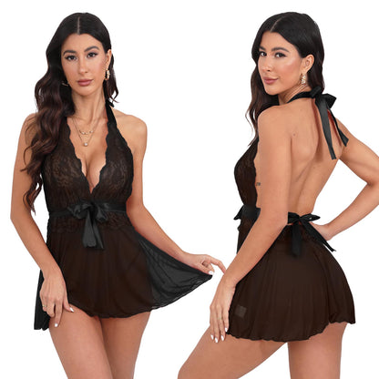 CaiDieNu Lingerie for Women Elegant Lace Pajamas Set V Neck Sexy Nightgowns Perfect for All Seasons, Black