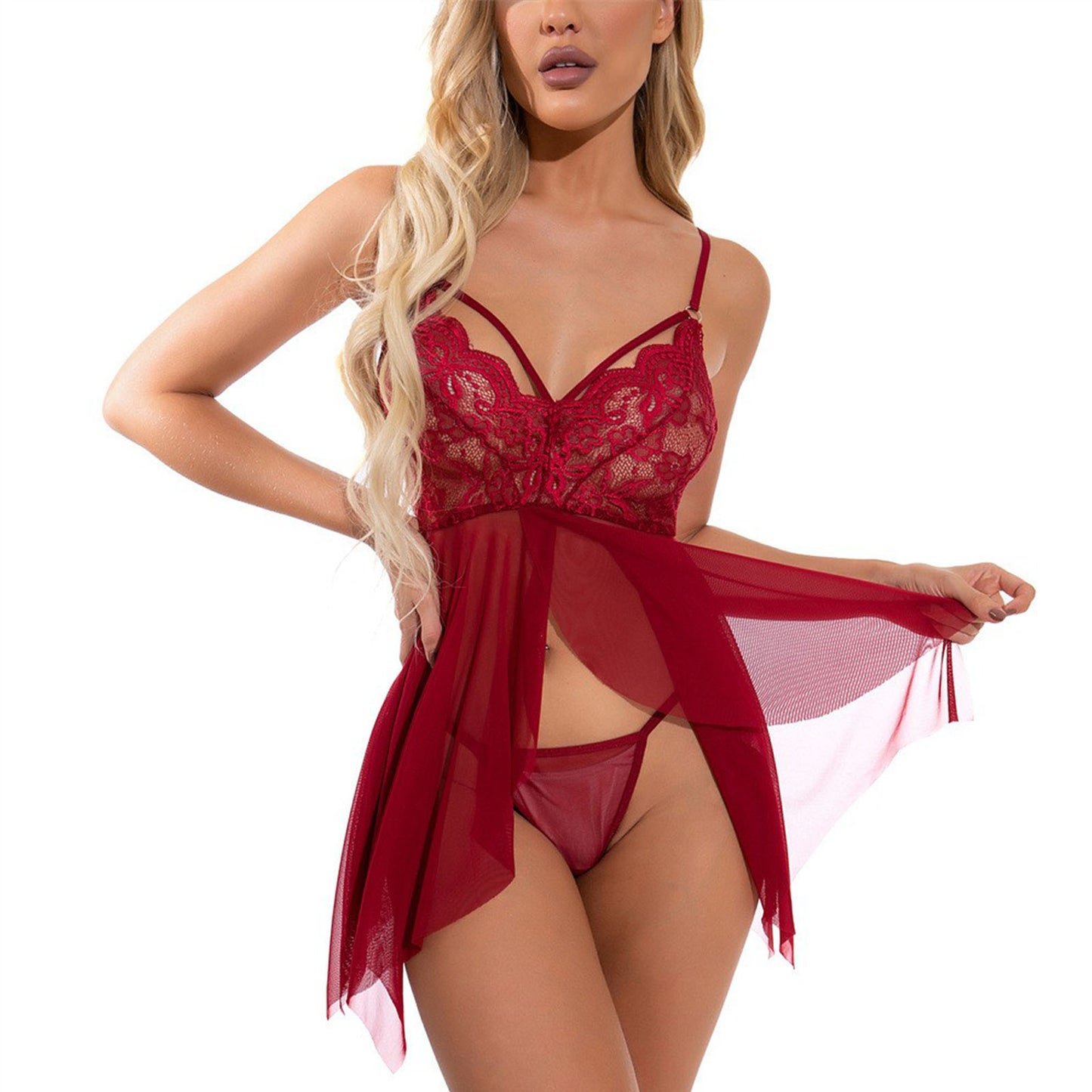 CaiDieNu Sexy Lingerie for Women Lace Babydoll Sets Sleepwear for Women - Burgundy
