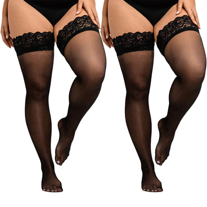 CaiDieNu Plus Size Thigh High Stockings for Womens 30D Anti-Snag Lace Top Stay Up Pantyhose, 2-Pack XL