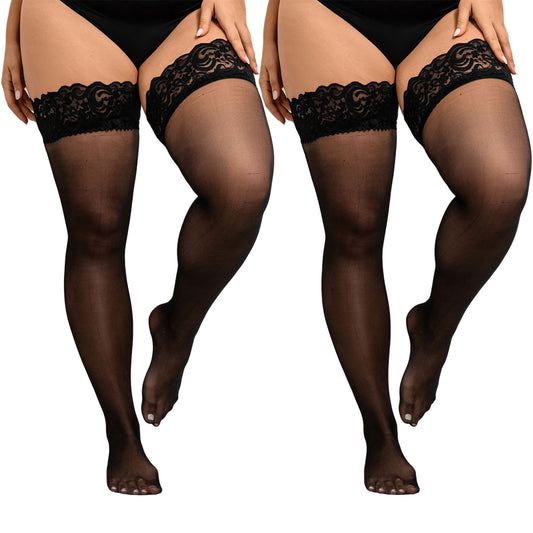 CaiDieNu Plus Size Thigh High Stockings for Womens 30D Anti-Snag Lace Top Stay Up Pantyhose, 2-Pack XL