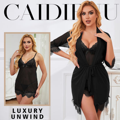 Sexy Lingerie, CaiDieNu 3 Piece Lace Lingerie Robe Set, Lingerie for Women Sleepwear V-Neck Lingerie