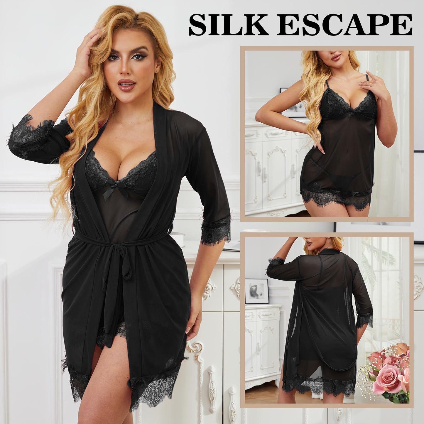 Sexy Lingerie, CaiDieNu 3 Piece Lace Lingerie Robe Set, Lingerie for Women Sleepwear V-Neck Lingerie