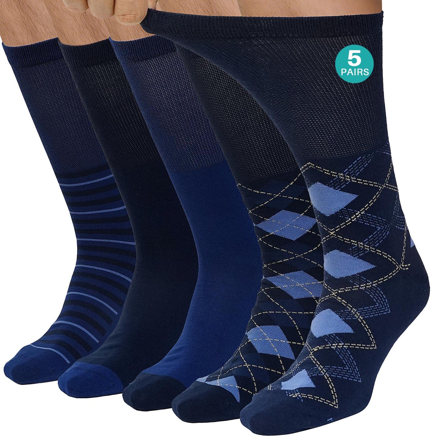 Diabetic Socks for Men, CaiDieNu 5 Pairs Mens Diabetic Socks, Wide Calf Non-Binding Moisture Cotton Mid Calf Socks, Loose Fit Comfort Seamless Toe, Classic Argyle & Stripe Patterns