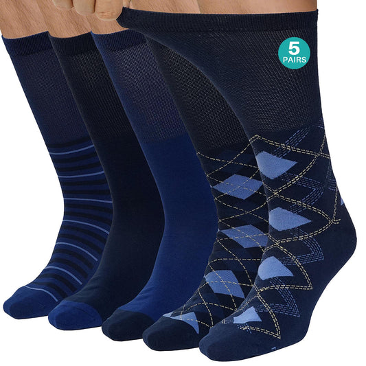 Diabetic Socks for Men, CaiDieNu 5 Pairs Mens Diabetic Socks, Wide Calf Non-Binding Moisture Cotton Mid Calf Socks, Loose Fit Comfort Seamless Toe, Classic Argyle & Stripe Patterns