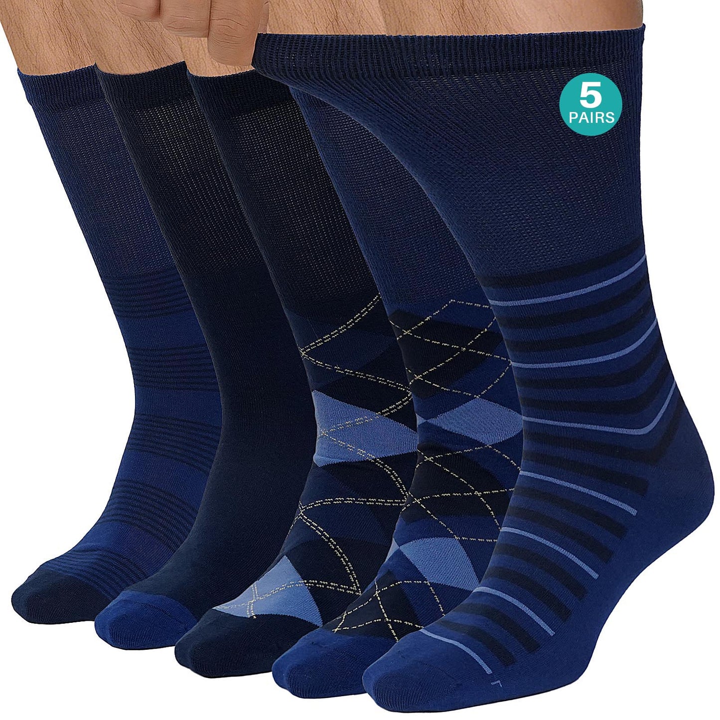 Diabetic Socks for Men, CaiDieNu 5 Pairs Mens Diabetic Socks, Wide Calf Non-Binding Moisture Cotton Mid Calf Socks, Loose Fit Comfort Seamless Toe, Classic Argyle & Stripe Patterns