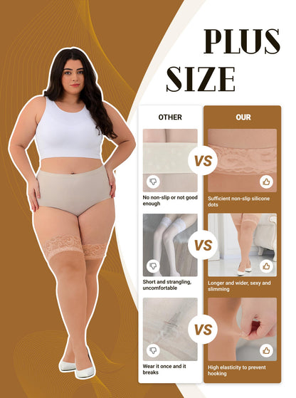 CaiDieNu Plus Size Thigh High Stockings for Womens 30D Anti-Snag Lace Top Stay Up Pantyhose, 2-Pack XL