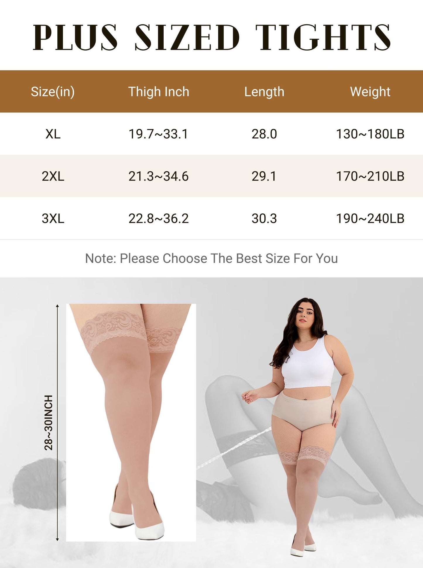 CaiDieNu Plus Size Thigh High Stockings for Womens 30D Anti-Snag Lace Top Stay Up Pantyhose, 2-Pack XL