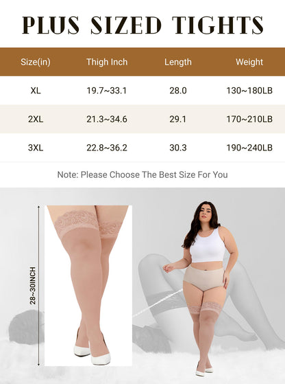 CaiDieNu Plus Size Thigh High Stockings for Womens 30D Anti-Snag Lace Top Stay Up Pantyhose, 2-Pack XL