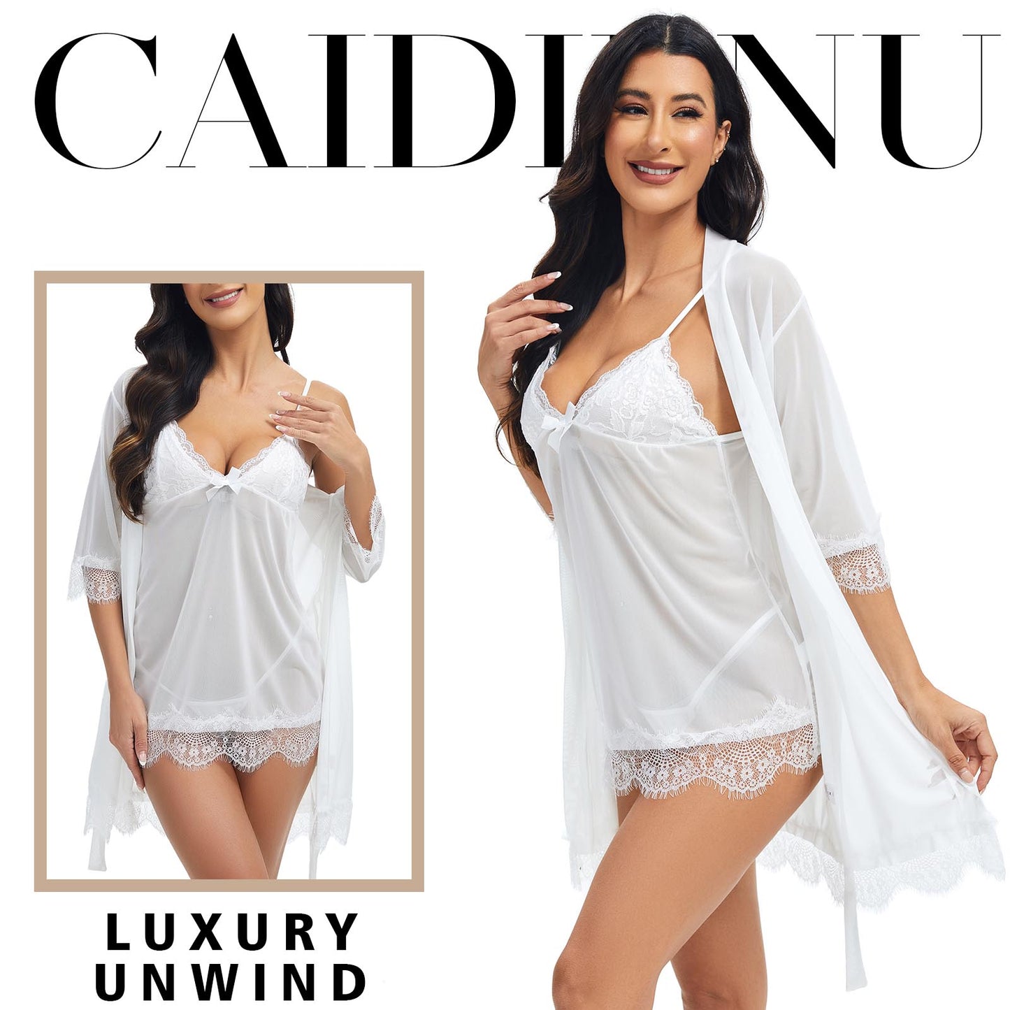 Sexy Lingerie, CaiDieNu 3 Piece Lace Lingerie Robe Set, Lingerie for Women Sleepwear V-Neck Lingerie