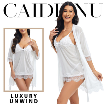 Sexy Lingerie, CaiDieNu 3 Piece Lace Lingerie Robe Set, Lingerie for Women Sleepwear V-Neck Lingerie