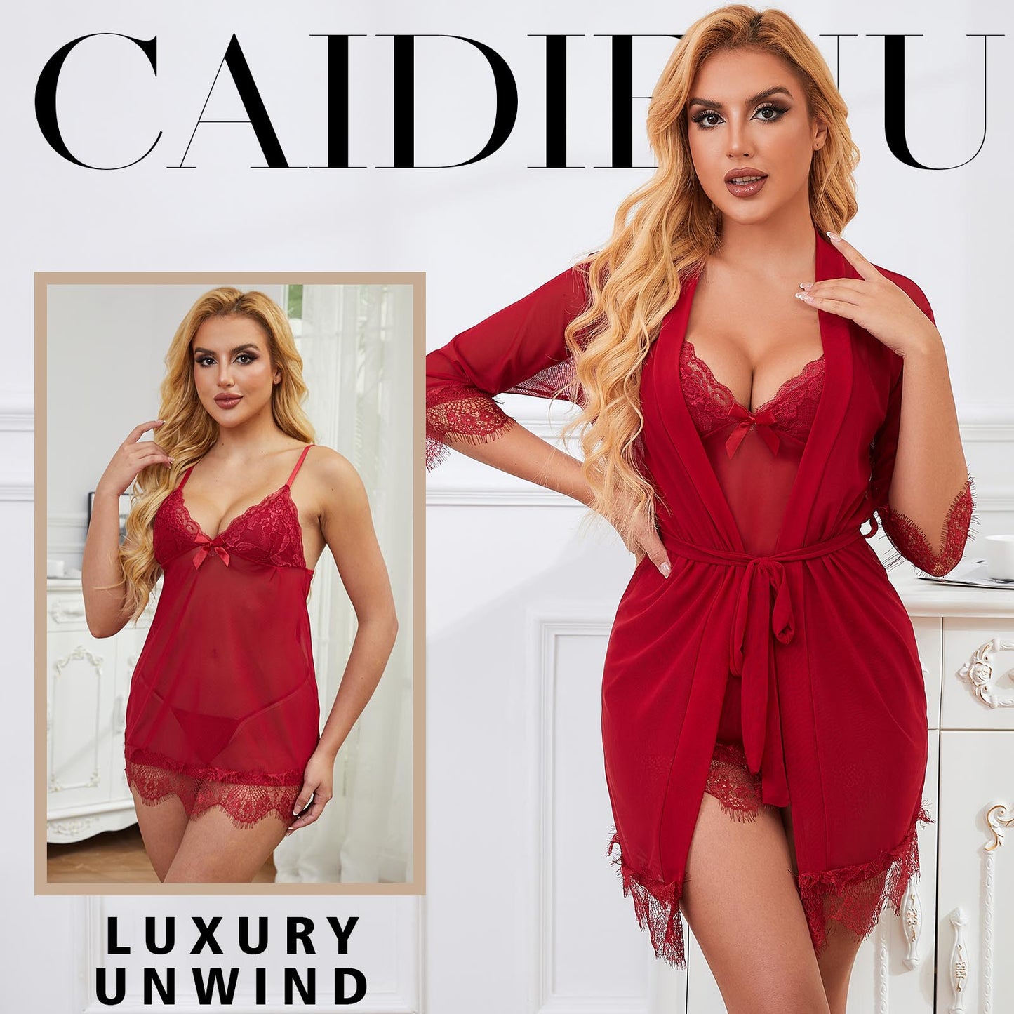 Sexy Lingerie, CaiDieNu 3 Piece Lace Lingerie Robe Set, Lingerie for Women Sleepwear V-Neck Lingerie